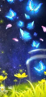 Blue butterflies glowing at night from a jar in a flower meadow.