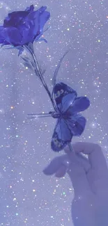 Blue butterfly and rose with glittering stars background.