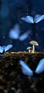 Blue butterflies in a mystical forest with glowing light and mushrooms.