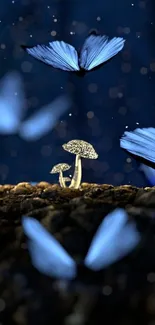 Enchanting wallpaper with blue butterflies and glowing mushrooms at night.