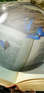 A vibrant blue butterfly on a book in a glass sphere.