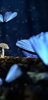 Mystical blue butterflies fluttering near glowing mushrooms in a dark forest.