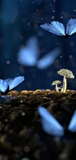 Blue butterflies flutter above glowing mushrooms.