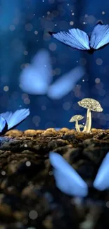 Blue butterflies flutter near glowing mushrooms in a dark forest wallpaper.