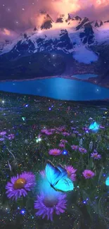 Magical mountain with blue butterflies and vibrant flowers.