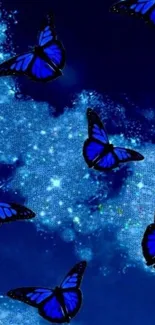 Blue butterflies on a starry night sky wallpaper.