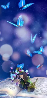 Blue butterflies over an open book with dreamy bokeh background.