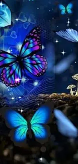 Enchanting blue butterfly wallpaper with mystical forest background.