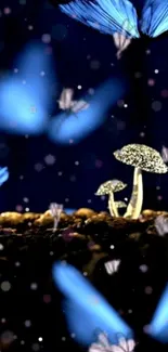 Magical wallpaper with blue butterflies and mushrooms glowing.