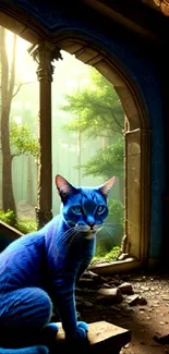 Blue cat in a mystical forest setting with vibrant colors.