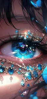 Captivating blue eye with butterflies and gemstones in vibrant artwork.