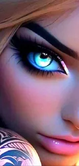 Close-up of a blue-eyed digital artwork in fantasy style.