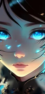 Anime character with bright blue eyes and glowing accents.