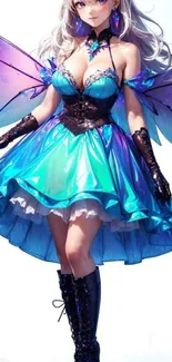 Blue fairy with wings and dress in magical art.