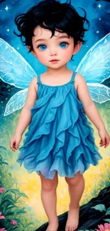 Blue fairy child with wings in a colorful, magical garden setting.