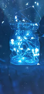 Jar filled with glowing blue fairy lights.