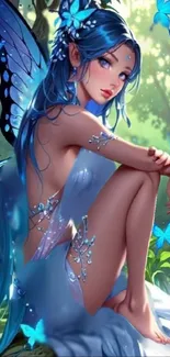 Blue-haired fairy with wings in a mystical forest.