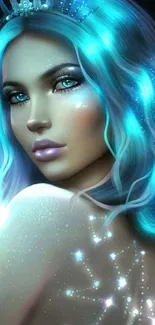 Ethereal fantasy woman with blue glow and mystical light.