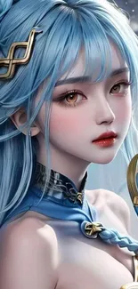 Fantasy character with blue hair and gold accessories.