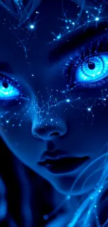 Digital fantasy art with glowing blue eyes on a mystical face.