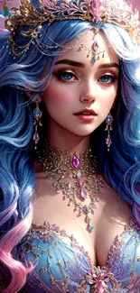 Fantasy princess with blue hair and floral background.