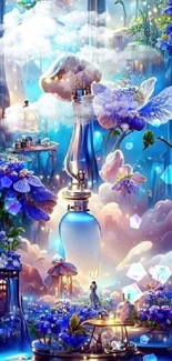 Blue fantasy wallpaper with glowing bottles and flowers.