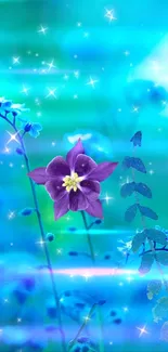 Enchanting blue floral wallpaper with sparkling effects.