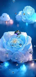 Ethereal blue ice-like flowers glowing softly on a deep blue background.