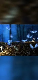 Magical scene with blue butterflies in a twilight forest.