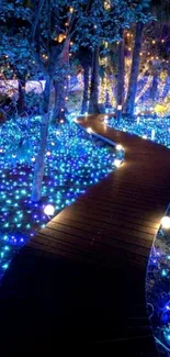 Enchanting forest path with glowing blue lights at night.