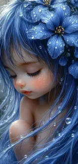 Blue-haired fairy with flowers in magical water droplets.