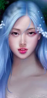 Digital artwork of a blue-haired woman with floral accent.