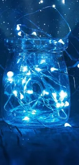 Blue jar with glowing fairy lights against starry background.