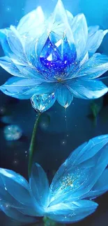 A vibrant blue lotus flower in full bloom on a serene dark background.