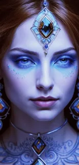 Enchanting figure with mystical blue makeup and jewelry.