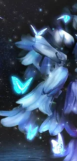 Blue butterflies glowing at night with stars.