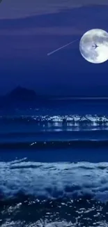 Moonlit ocean with vibrant blue waves under a full moon.