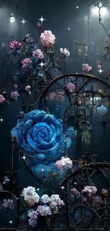 Magical blue rose amid floral garden on wallpaper.