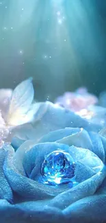 A mystical blue rose with sparkling crystals and soft lighting.