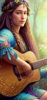 Bohemian woman playing guitar in a mystical forest setting.