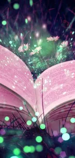 Open book with glowing magical lights on purple grass.