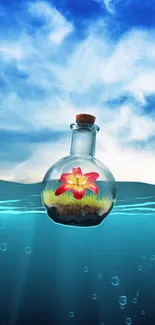 Floating bottle in ocean under blue sky wallpaper.