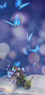 Blue butterflies flutter above an open book with a dreamy bokeh background.