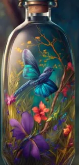 Colorful butterfly and flowers in a magical bottle.