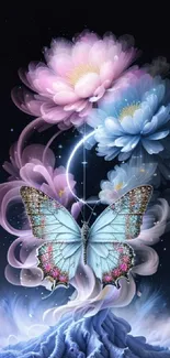 Butterfly perched on colorful blossoms with a dreamy background.