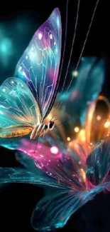 Captivating neon butterfly on a vibrant flower background.