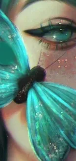 Enchanting teal butterfly on artistic face.