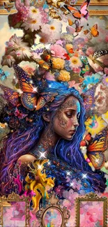 Colorful fantasy wallpaper with butterflies and flowers.