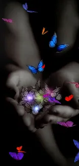 Mobile wallpaper with blue butterflies and dark background.