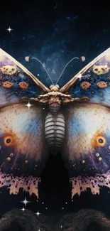 Enchanting butterfly with cosmic design on a vibrant backdrop.